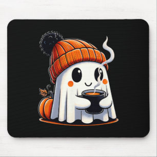 Halloween Cute Kawaii Ghost Drinking Coffee Women Mouse Pad