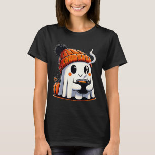 Halloween Cute Kawaii Ghost Drinking Coffee Women T-Shirt