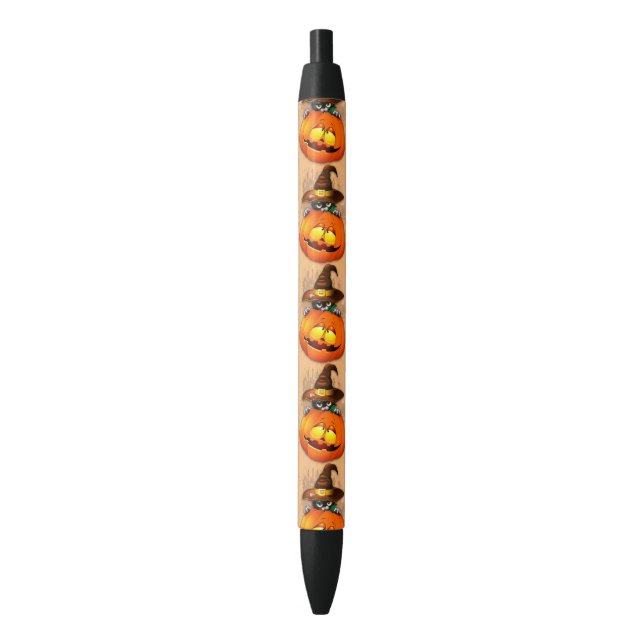 Halloween Cute Kitty Witch and Pumpkin Friend  Black Ink Pen (Front Vertical)