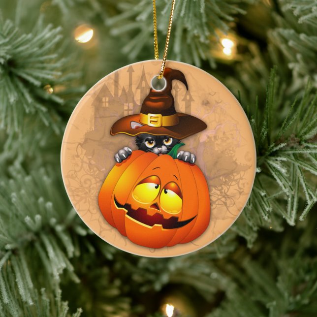 Halloween Cute Kitty Witch and Pumpkin Friend  Ceramic Ornament (Tree)