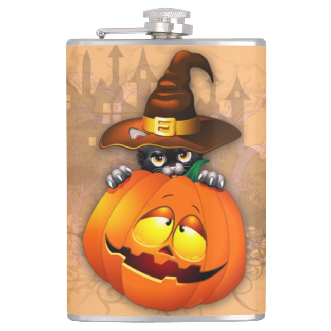Halloween Cute Kitty Witch and Pumpkin Friend  Hip Flask (Front)