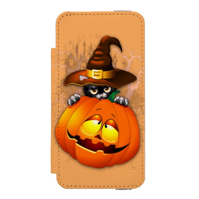 Halloween Cute Kitty Witch and Pumpkin Friend  Incipio iPhone Wallet Case (Folio Front)