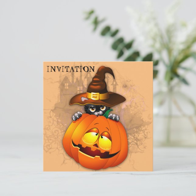 Halloween Cute Kitty Witch and Pumpkin Friend  Invitation (Standing Front)