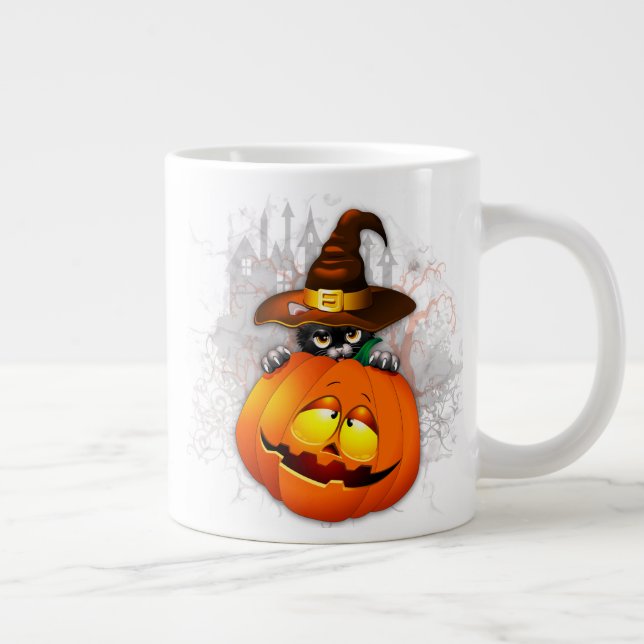 Halloween Cute Kitty Witch and Pumpkin Friend  Large Coffee Mug (Right)