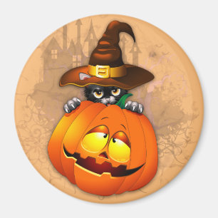 Halloween Cute Kitty Witch and Pumpkin Friend Magnet