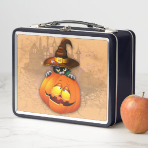 Halloween Cute Kitty Witch and Pumpkin Friend  Metal Lunch Box