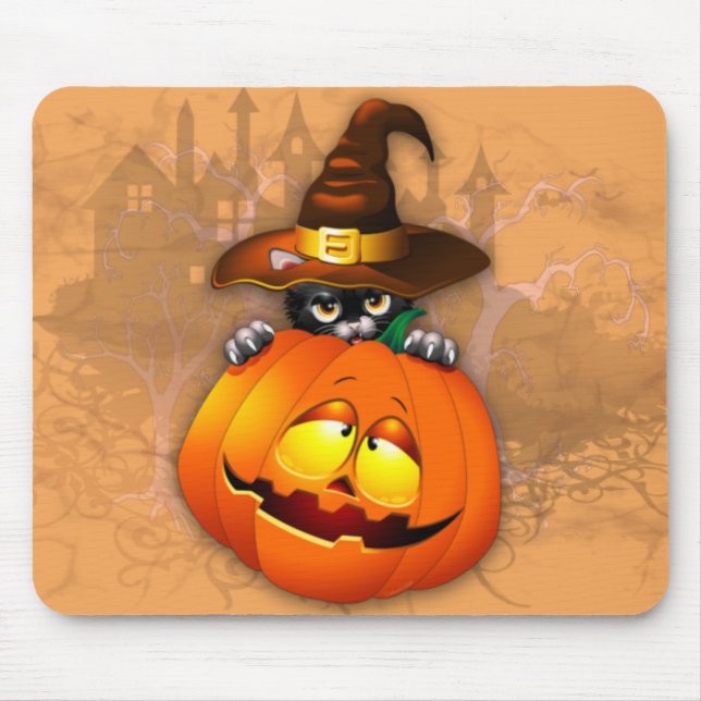 Halloween Cute Kitty Witch and Pumpkin Friend  Mouse Pad (Front)