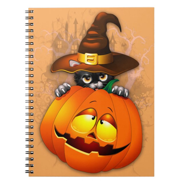 Halloween Cute Kitty Witch and Pumpkin Friend  Notebook (Front)
