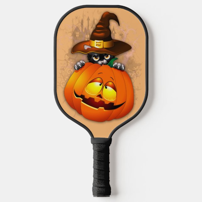 Halloween Cute Kitty Witch and Pumpkin Friend  Pickleball Paddle (Front)