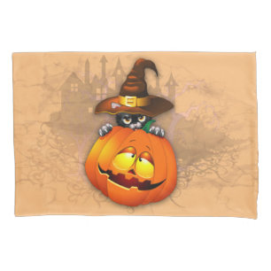 Halloween Cute Kitty Witch and Pumpkin Friend  Pillowcase