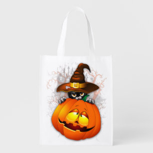 Halloween Cute Kitty Witch and Pumpkin Friend  Reusable Grocery Bag