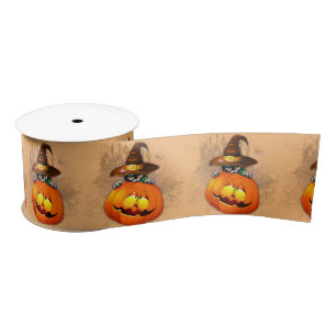 Halloween Cute Kitty Witch and Pumpkin Friend  Satin Ribbon