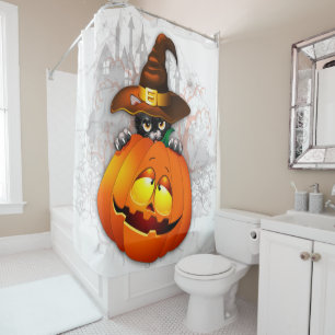Halloween Cute Kitty Witch and Pumpkin Friend  Shower Curtain