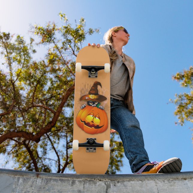 Halloween Cute Kitty Witch and Pumpkin Friend  Skateboard (Outdoor 1)