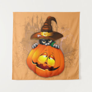 Halloween Cute Kitty Witch and Pumpkin Friend Tapestry