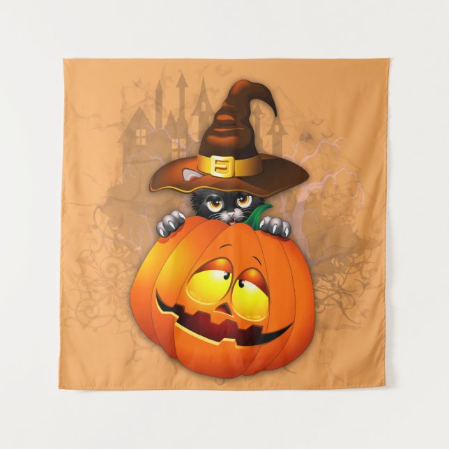 Halloween Cute Kitty Witch and Pumpkin Friend   Tapestry (Front)