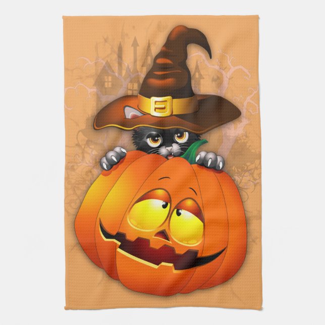 Halloween Cute Kitty Witch and Pumpkin Friend  Tea Towel (Vertical)
