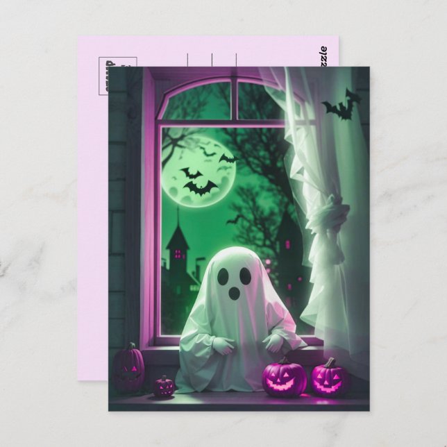 Halloween Cute Little Ghost By the Window Postcard (Front/Back)
