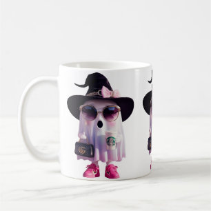 Halloween Cute Little Lady Ghost with Coffee Mug