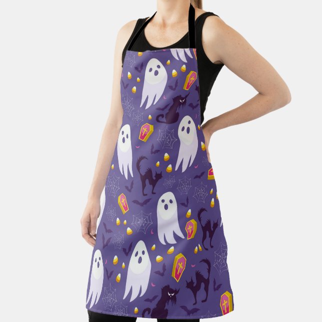 Halloween Cute Modern Ghost Black Cat Pattern Apron (Insitu)
