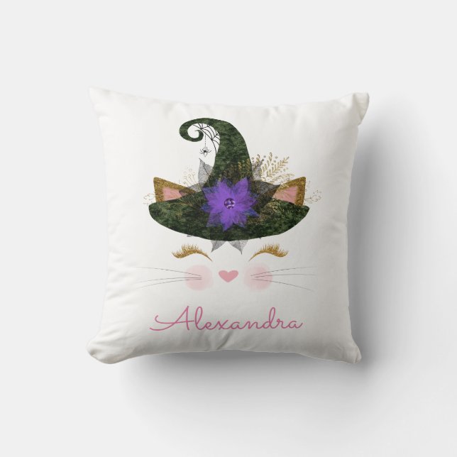 Halloween Cute Monogram Kitty Witch Cushion (Front)