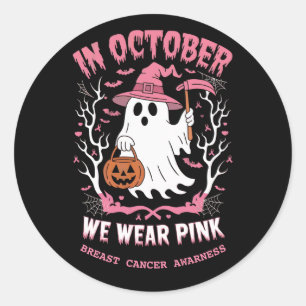 Halloween Cute Pink Ghost And  In October We Wear  Classic Round Sticker
