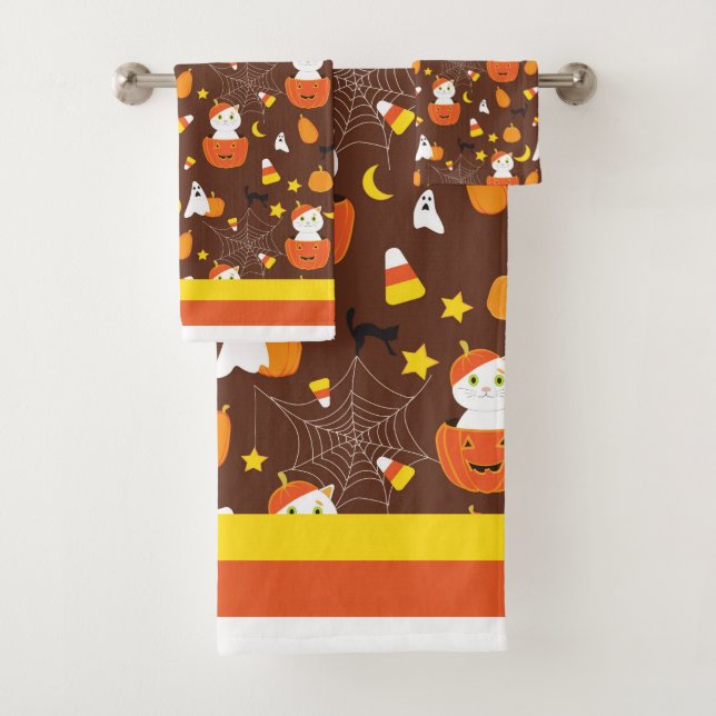 Halloween Cute Pumpkins Cats and Ghosts Colourful Bath Towel Set (Insitu)