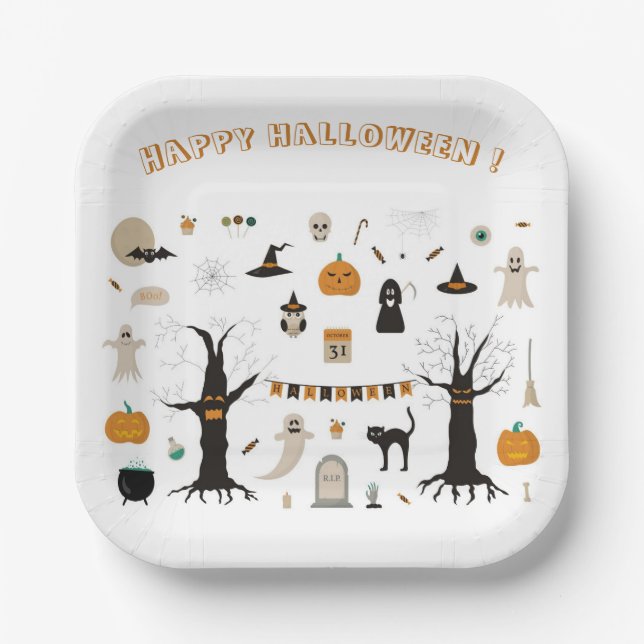 Halloween Cute Spooky Ghost Witch Pumpkin Paper Plate (Front)