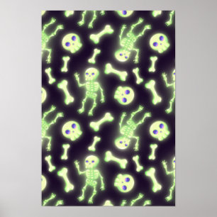 Halloween Cute Spooky Glowing Skeleton Bones Skull Poster