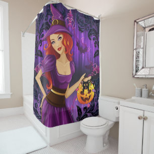 Halloween Cute Spooky Whimsical Black Witch Shower Curtain