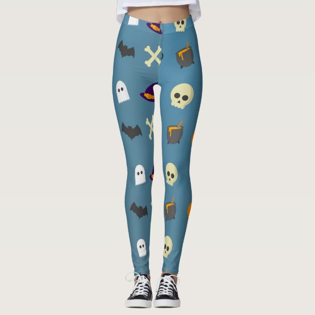 Halloween Cute Spooky Whimsical Pattern Bluegray  Leggings (Front)