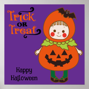 Halloween Cute Spooky Whimsical Pumpkin Girl Poster