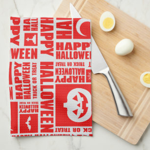 Halloween Cute Spooky Whimsical Red Pattern Tea Towel