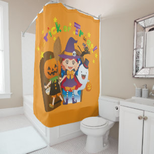 Halloween Cute Spooky Whimsical Witch Orange Shower Curtain