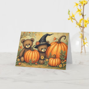 Halloween Cute Teddy Bears Folk Art Style Puimpkin Card