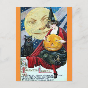 Halloween Cute Vintage Witch Black Cat Moon Poem Postcard