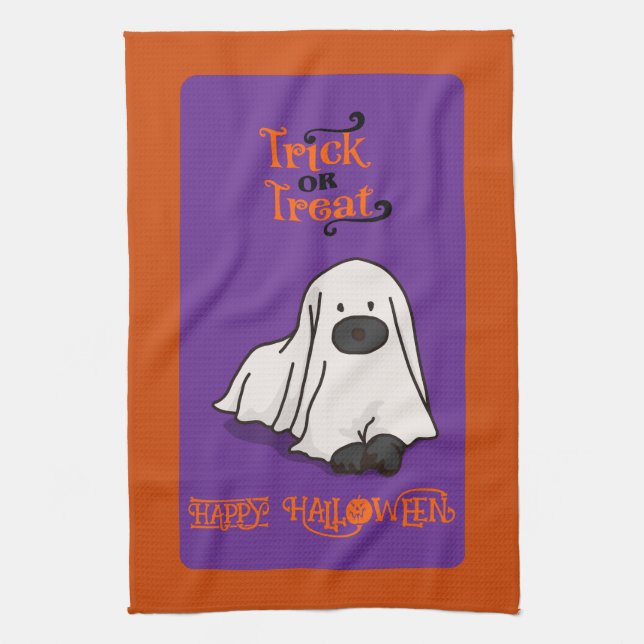 Halloween Cute Whimsical Ghost Dog  Tea Towel (Vertical)