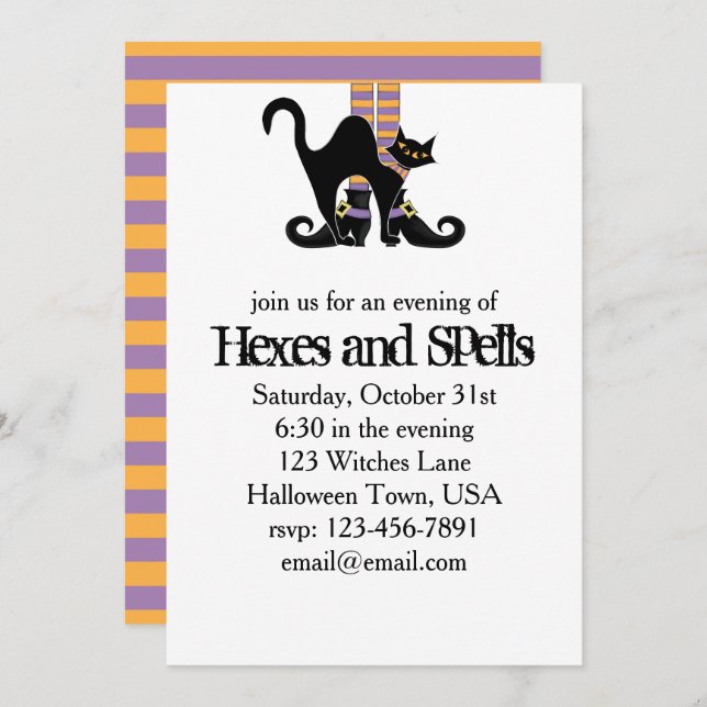 Halloween Cute Whimsical Witch Shoes Black Cat Invitation (Front/Back)