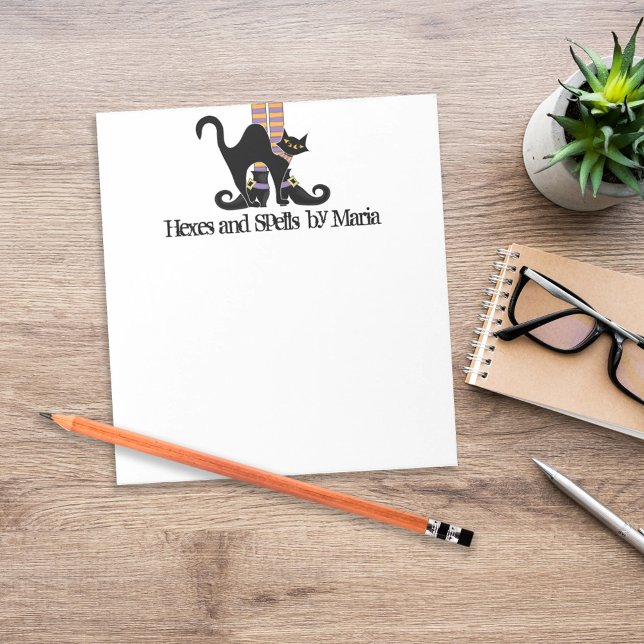 Halloween Cute Whimsical Witch Shoes Black Cat Notepad (Spooky witch cat Halloween desk stationery with personalized name header.)