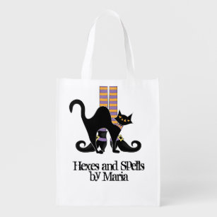 Halloween Cute Whimsical Witch Shoes Black Cat Reusable Grocery Bag