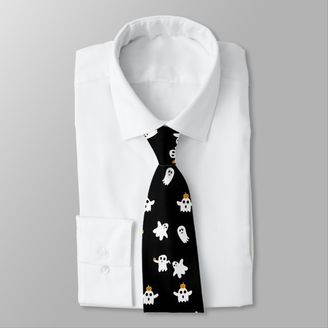 Halloween Cute White Ghosts on Black with Pumpkins Tie (Tied)
