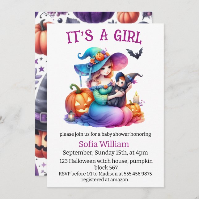 Halloween cute witch baby girl shower invitation (Front/Back)