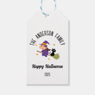 Halloween Cute Witch on a Broom Personalised Name Gift Tags
