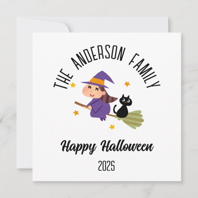 Halloween Cute Witch on a Broom Personalised Name Holiday Card (Front)