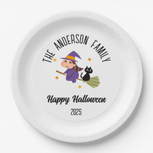 Halloween Cute Witch on a Broom Personalised Name Paper Plate