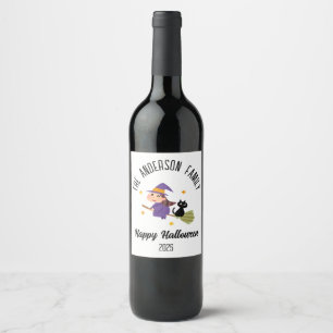 Halloween Cute Witch on a Broom Personalised Name Wine Label