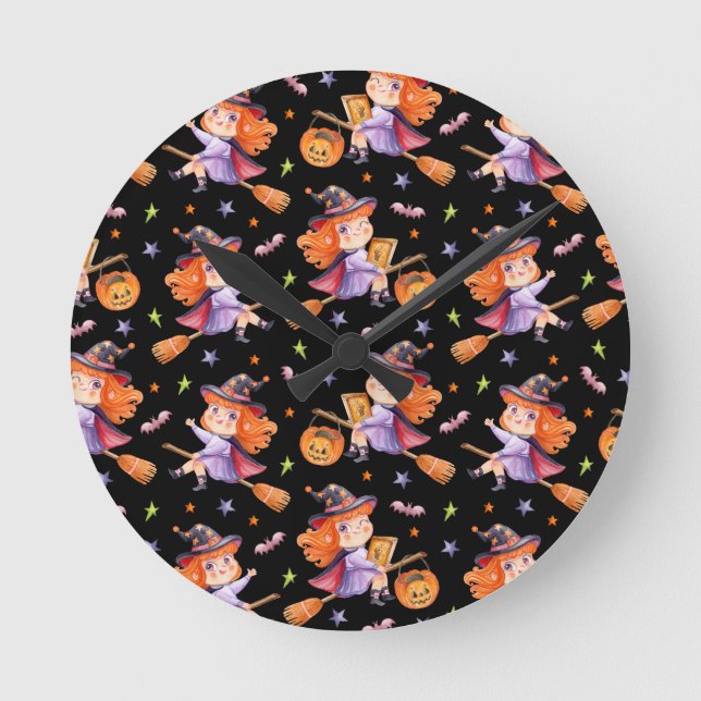 Halloween cute witch throw pillow round clock (Front)