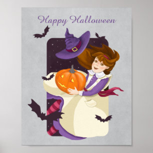 Halloween Cute Witch with Pumpkin Poster