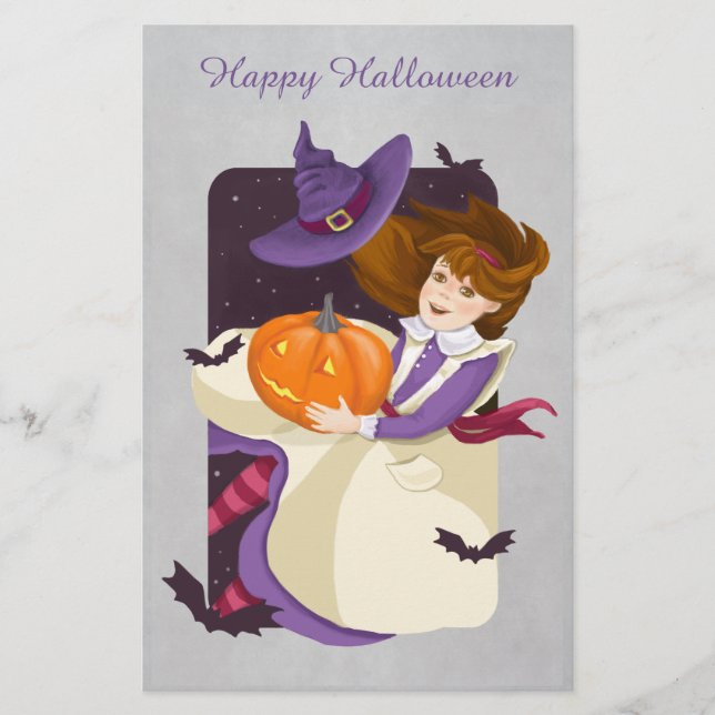 Halloween Cute Witch with Pumpkin Stationery (Front)