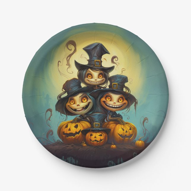 Halloween cute witches and pumpkins paper plate (Front)